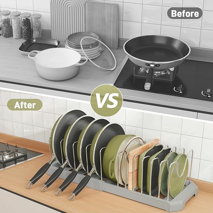Pots and Pans Organizer for under Cabinet, Pan Pot Organizers inside Cabinet, Expandable Organizer with 12 Adjustable Dividers for Cookie Sheets, Cutting Boards, Pot Lids, Cookware - Pan Rack, Grey - Image 5
