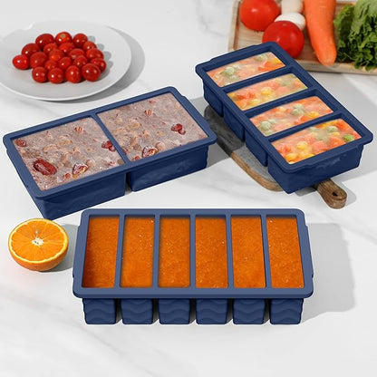 3-Pack Silicone Freezer Trays with Lid,2 Large 2-Cup(500ml)&4 Medium 1-Cup(250ml)&6 Small 1/2-Cup(125ml) Soup Freezer Container Molds,Ice Cube Tray For Meal Prep&Freezing Soup,Stews,Sauces