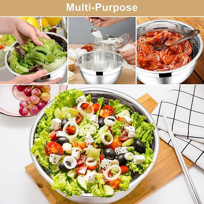 E-far Mixing Bowls with Lids, 6-Piece Stainless Steel Salad Bowls Metal Nesting Bowls for Baking Cooking and Prepping, Airtight Lids & Stackable Design, Size 4.5, 3, 1.5 QT (Khaki) - Image 4
