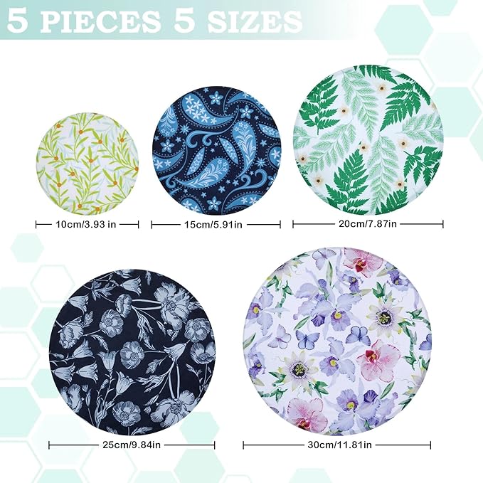 5-Size Reusable Beeswax Bowl Covers for Bread Proofing, Cotton Cloth Flexible Beeswax Wraps for Food Storage(Iris Floral) - Image 2