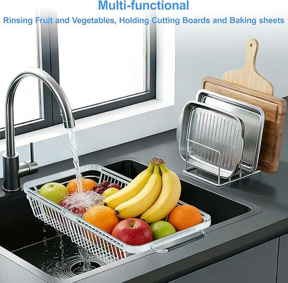 Dish Drying Rack Over The Sink, Stainless Steel Dish Racks for Kitchen Counter, Expandable Drainer for Kitchen Sink Organizer, 2-in-1 Extend Drain Basket and Plates Holder for Utensil Storage