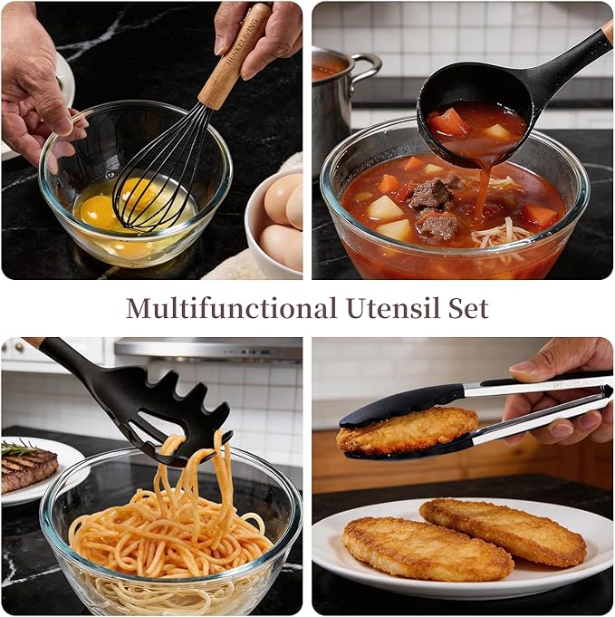Silicone 10 Pcs Kitchen Cooking Utensils Set, Recycled Materials Certification, BPA Free Spatula Set with Heat Resistant Wood Handles for Nonstick Cookware, Black - Image 4