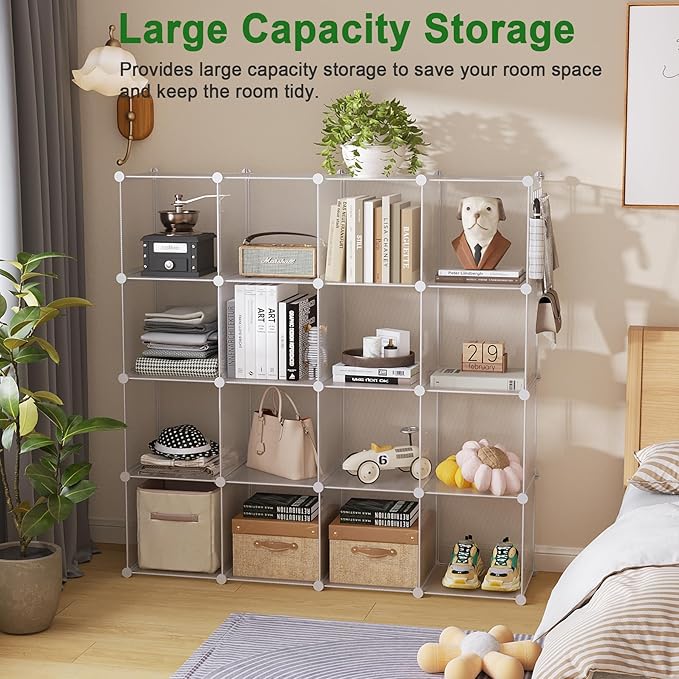 C&AHOME Cube Storage Organizer, 16-Cube Shelves Units, Plastic Storage Cubes, DIY Closet Organizer, Modular Closet Storage Shelf Ideal for Home, 48.4" L × 12.4" W × 48.4" H Transparent Twill UPCS16T - Image 3
