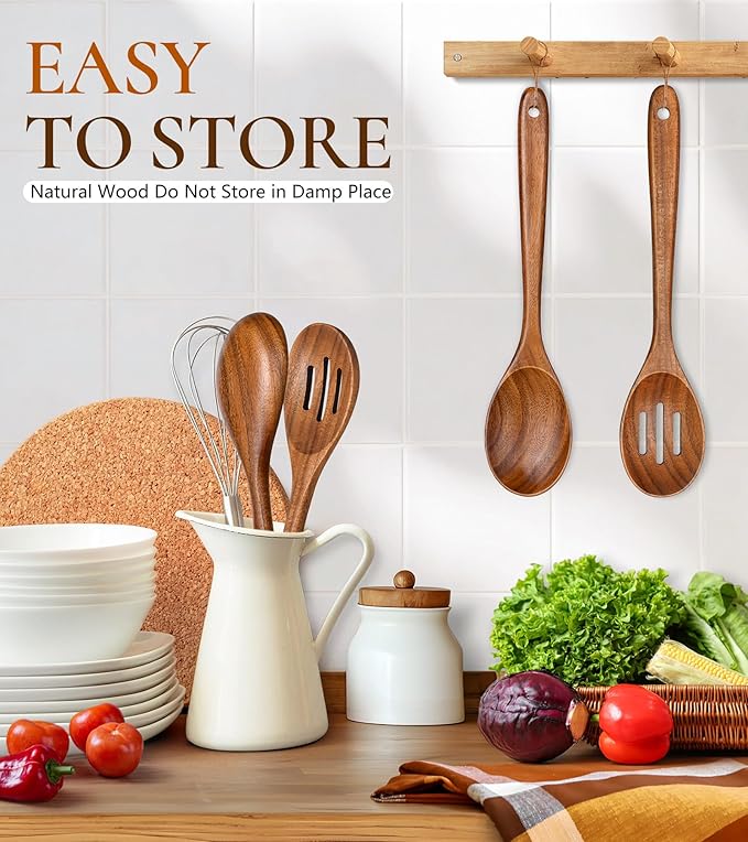 2Pcs Wooden Spoons for Cooking, Natural Premium Teak Wooden Spoon & Slotted Spoon, Good Grip Large Cooking Spoons Spatula, Heat Resistant Wooden Kitchen Cooking Utensils Set for Nonstick Cookware - Image 6