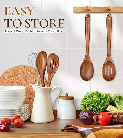 2Pcs Wooden Spoons for Cooking, Natural Premium Teak Wooden Spoon & Slotted Spoon, Good Grip Large Cooking Spoons Spatula, Heat Resistant Wooden Kitchen Cooking Utensils Set for Nonstick Cookware - Image 6