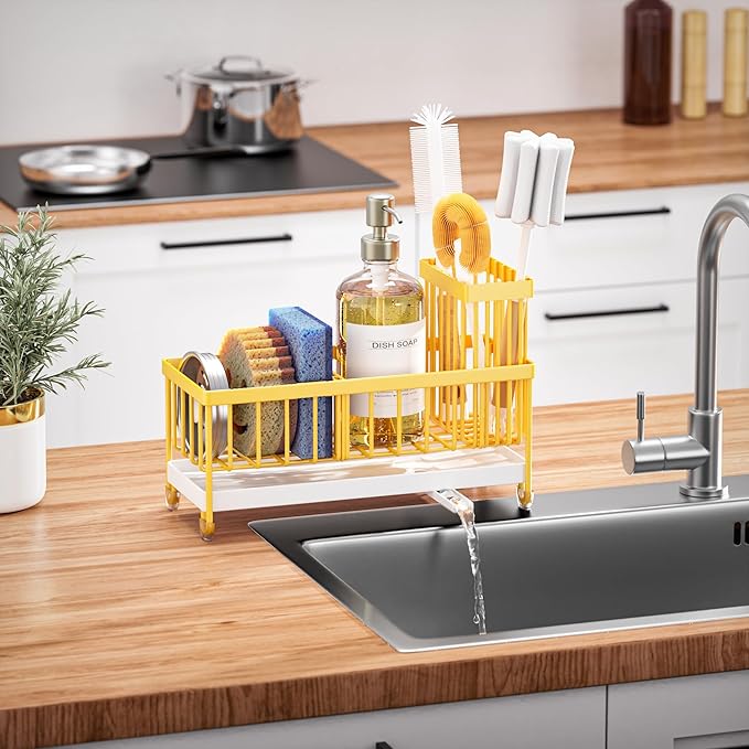 Cisily Sponge Holder for Kitchen Sink, Sink Caddy Organizer with High Brush Holder, Kitchen Countertop Organizers, 304 Stainless Steel, Lemon Yellow Kitchen Decor and Accessories - Image 7