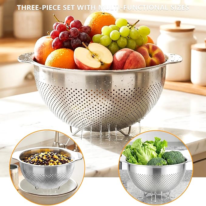 18/8 Stainless Steel Colander for Kitchen - Fine Mesh Strainer with Handle - Rice Strainer Fine Mesh for Vegetables, Fruits, Eggs, Noodles and Pasta, Collander, Dishwasher Safe (4QT)
