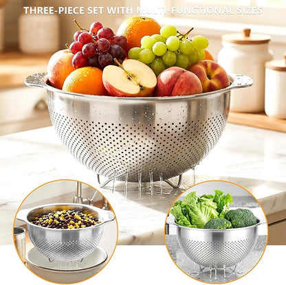 Metal Strainer with Handle - Large Food Strainers and Colanders for Kitchen - 18/8 Stainless Steel Colander for Rice, Spaghetti, Pasta, Fruit, Vegetables, Noodles, Dishwasher Safe (5QT)