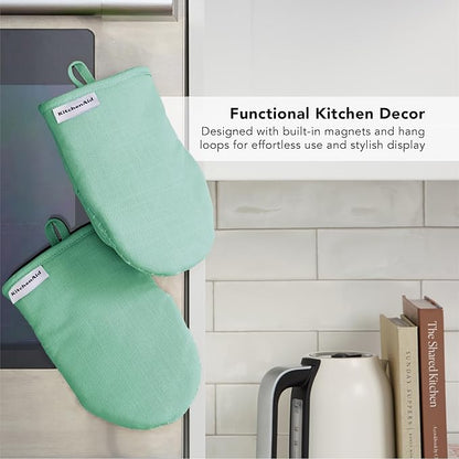 KITCHENAID Gourmet Series Gridlines Mini Oven Mitts 2-Pack Set, Heat Resistant up to 600°F, Soft Silicone Grip, Magnetic Cuff, Color of The Year, Spearmint, 5.5"x9" - Image 5