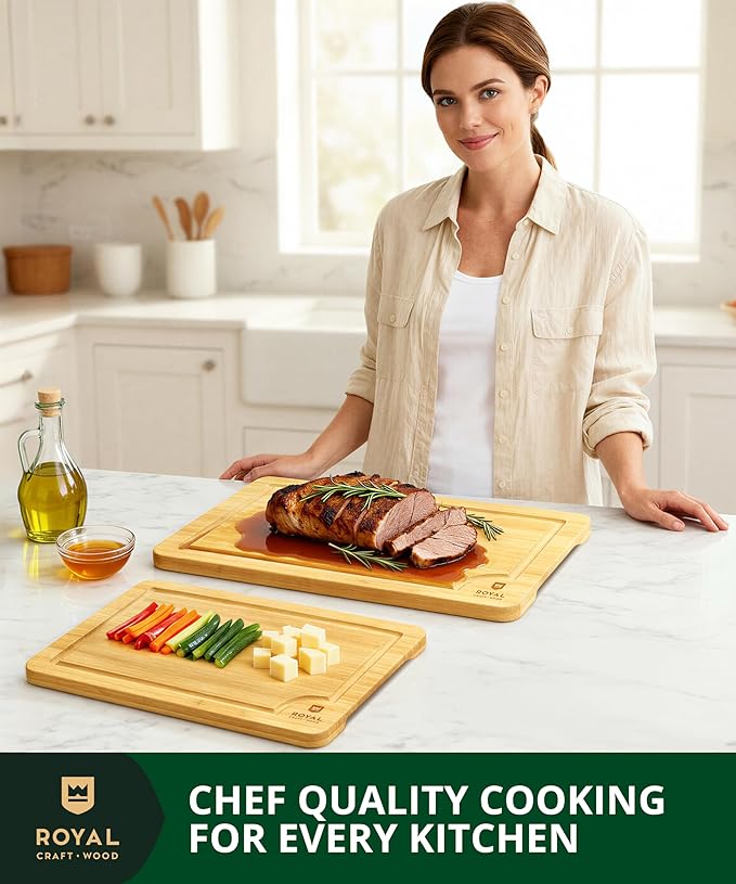 ROYAL CRAFT WOOD Wooden Cutting Boards for Kitchen Meal Prep & Serving - Bamboo Wood Serving Board Set with Deep Juice Groove Side Handles - Charcuterie & Chopping Butcher Block for Meat - Image 7