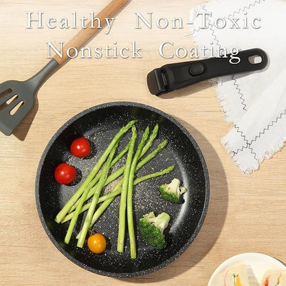 ESLITE LIFE Nonstick Ceramic Frying Pans Skillets Set with Lids & Detachable Handle, Non-Toxic Egg Omelette Kitchen Cooking Pans Compatible with All Stovetops, PTFE & PFOA Free, Black, 7-Piece - Image 4
