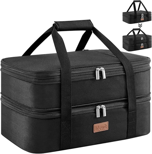 Lifewit Insulated Double Decker Casserole Carrier, Expandable Lasagna Lugger Tote Bag for Hot or Cold Food, Fits 9" x 13" Baking Dish for Potluck Parties, Picnic and Cookouts, Black