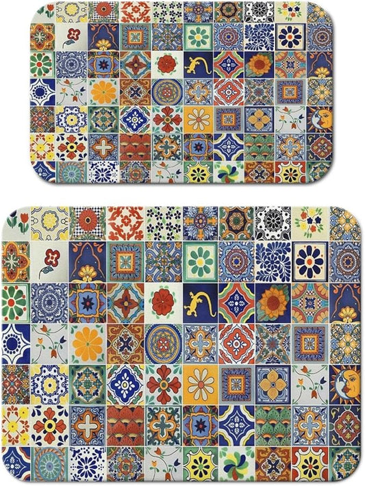 Dish Drying Mat for Kitchen Counter 2 Pack with Non-Slip Rubber Backing - Heat-Resistant Absorbent Coffee Bar Mat, Dish Rack Mat, Talavera Mexican Tiles Dish Drying Mats 18x24+19.5x12 inch