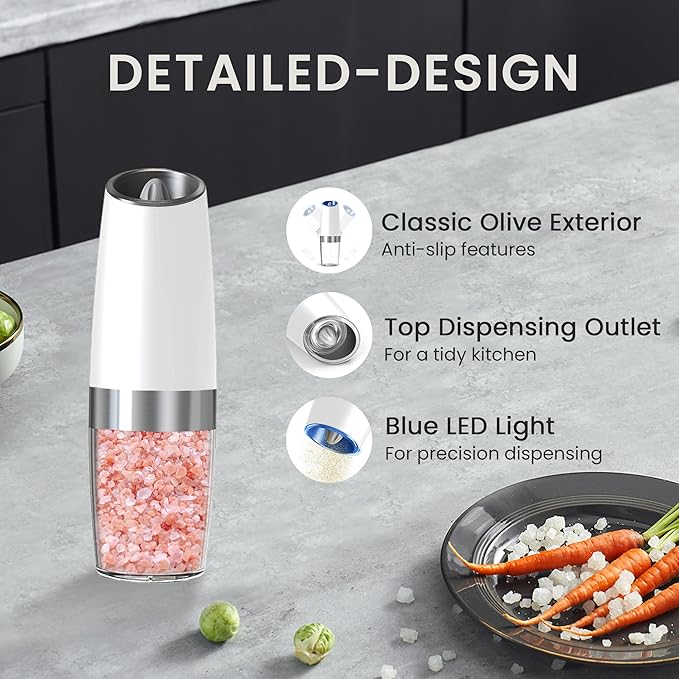 Battery Operated Salt And Pepper Grinder Set with LED Light, Automatic Electric Gravity Salt And Pepper Shakers Set, Each 6 AAA Batteries Needed, Adjustable Roughness, 2 Pack (Black+White) - Image 5