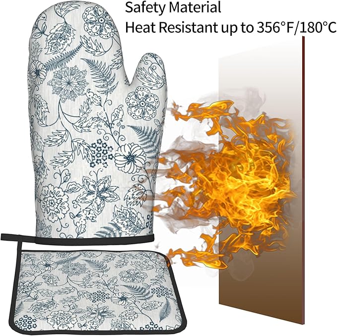 Blue Floral Oven Mitts Set – Vintage Pot Holders Kitchen Gloves for Women Teal Plant Kitchen Mitts Potholders Set of 2 for Cooking & Baking - Image 5