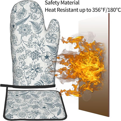 Blue Floral Oven Mitts Set – Vintage Pot Holders Kitchen Gloves for Women Teal Plant Kitchen Mitts Potholders Set of 2 for Cooking & Baking - Image 5