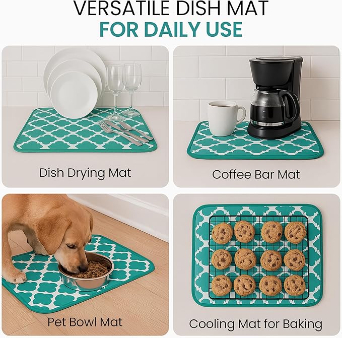 Dish Drying Mat - Microfiber Kitchen Counter Mat, Super Absorbent & Quick Dry Dish Drying Pad for Dishes, Utensils, Pots & Pans - Large Reversible Drying Mat for Kitchen Countertops, Coffee Bar, Green - Image 8
