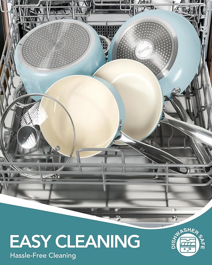 MICHELANGELO Pots and Pans Set Non Stick, 8-Piece Ti-infused Ceramic Cookware Set with Silicone Utensils - Induction Compatible, Oven Safe, PFOA-Free, Blue - Image 7