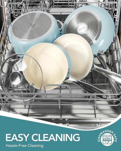 MICHELANGELO Pots and Pans Set Non Stick, 8-Piece Ti-infused Ceramic Cookware Set with Silicone Utensils - Induction Compatible, Oven Safe, PFOA-Free, Blue - Image 7