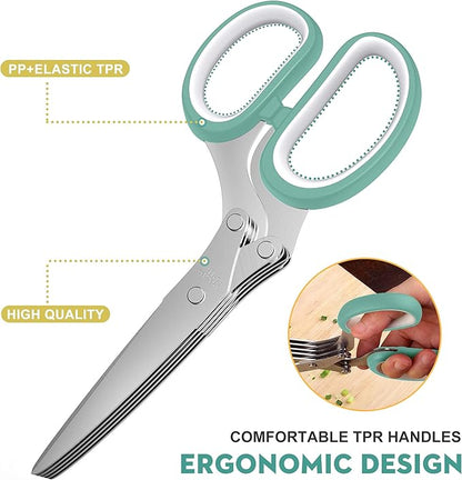 Herb Scissors with 5 Blades and Cover, Kitchen Herb Cutter with Cleaning Comb, Stainless Steel Multi Blade Herb Shears for Basil Parsley Cilantro, Easy Clean Cooking Tool, Unique Kitchen Gadgets Gift