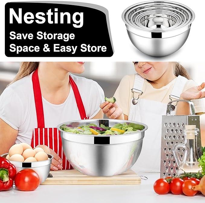E-far Mixing Bowls with Lids, 12-Piece Stainless Steel Salad Bowls Metal Nesting Bowls for Baking Cooking and Prepping, Airtight Lids & Stackable Design, Size 7, 4.5, 3, 1.5, 1.2, 0.7 QT (Black) - Image 6