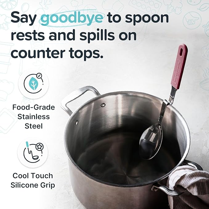 Souper Cubes + Lori Greiner No Mess Stainless Steel Cooking Spoon with Silicone Handle - Stainless Steel Serving Spoon No Mess Design Hooks on Side of Any Pot - Cranberry - Image 3