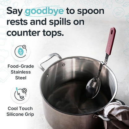 Souper Cubes + Lori Greiner No Mess Stainless Steel Cooking Spoon with Silicone Handle - Stainless Steel Serving Spoon No Mess Design Hooks on Side of Any Pot - Cranberry - Image 3