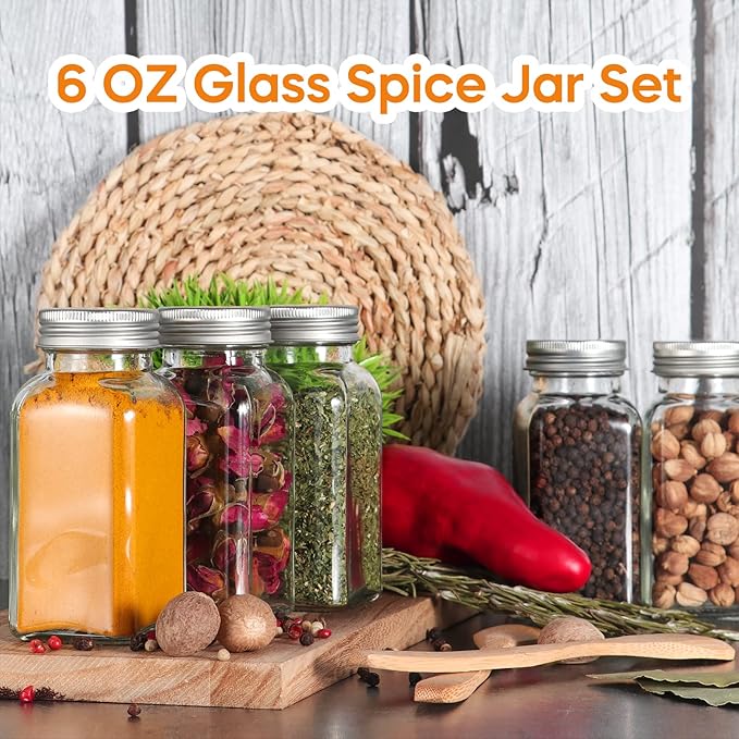 Keketin 6 oz Glass Spice Jars Bottles,25 Pack Empty Spice Jars with Shaker Lids and Labels,180ml Square Spice Containers with Airtight Silver Caps(Chalk Marker,Funnel and Brush include) - Image 3