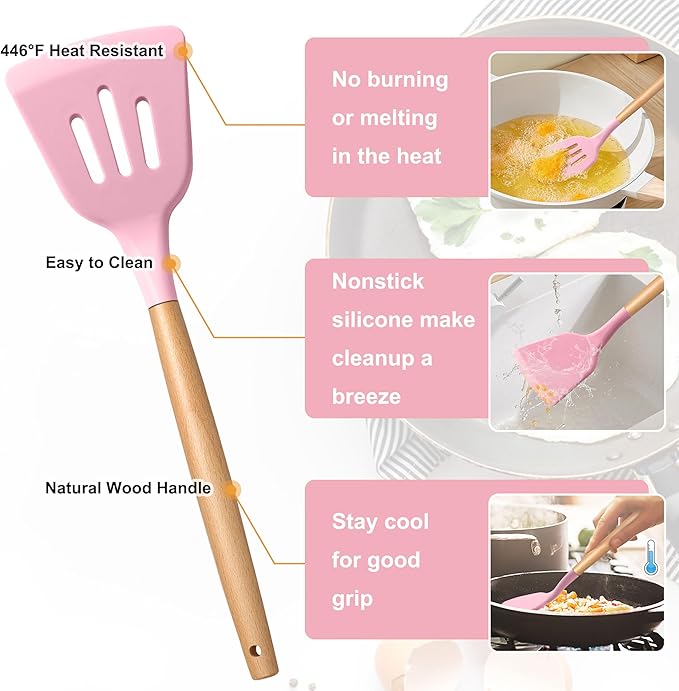 E-far Silicone Cooking Utensils Set, 5-Piece Kitchen Utensils Set with Wooden Handle for Cooking, Silicone Kitchen Nonstick Tools Spatula Turner Slotted Spoons, Nontoxic & Heat Resistant-Pink - Image 3