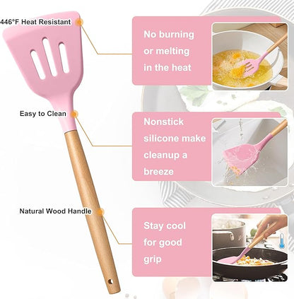 E-far Silicone Cooking Utensils Set, 5-Piece Kitchen Utensils Set with Wooden Handle for Cooking, Silicone Kitchen Nonstick Tools Spatula Turner Slotted Spoons, Nontoxic & Heat Resistant-Pink - Image 3