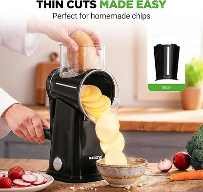 NutriChef 5 in 1 Cheese Grater & Shredder | 5 Different Blades for Thin, Thick, Julienne Strips, Wavy, & Straight Strips | Includes Hand Crank, Strong Suction Base & Storage Container | Black - Image 6