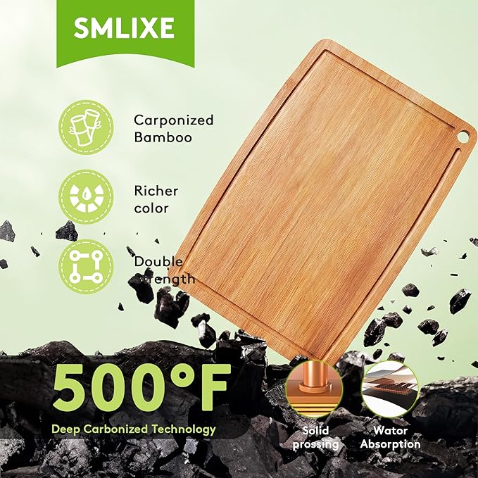 Bamboo Cutting Boards for Kitchen,Carbonized Wood Cutting Board with Deep Juice Groove for Chopping Meat, Vegetables, Fruits, Nuts,Lightweight & Durable,Ideal Kitchen Gift - Image 2