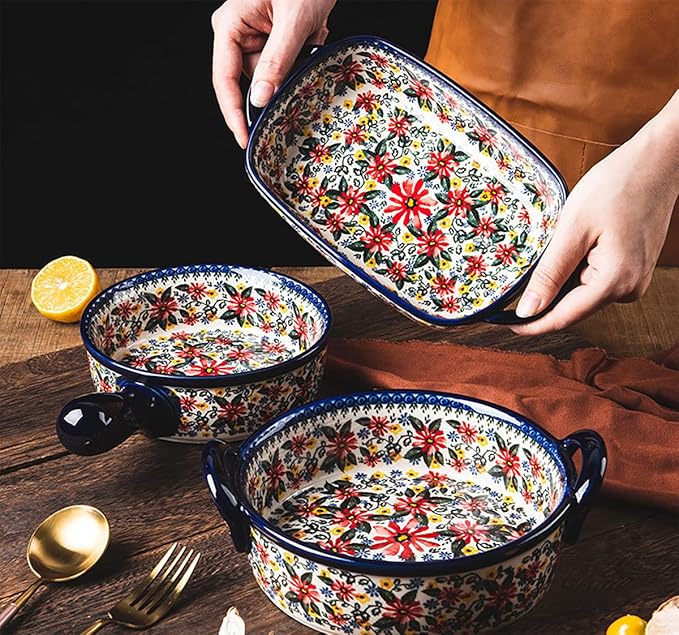 Red Daisy Flower Vintage Style Ceramic Bakeware Casserole Dish Baking Pan Lasagna Pans Baking Dish with Handles for Oven/Cooking/Kitchen-1 PCS, 32 OZ - Image 4