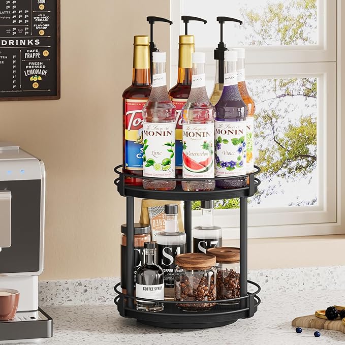 Snughome Lazy Susan Spice Rack, 2 Tier Rotating Spice Rack, Wood Lazy Susan Organizer for Cabinet, Black Kitchen Counter Shelf, 10.2" x 10.2" x 10.4" - Image 8