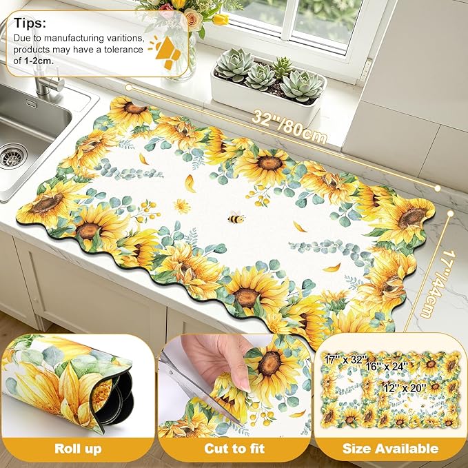 LOKHOM Scalloped Floral Dish Drying Mat, 17"x32" Super Absorbent Coffee Mat with Watercolor Yellow Sunflowers, Cuttable Hide Stain Non-slip Drying Mat for Kitchen Counter Coffee Maker Espresso Machine - Image 2