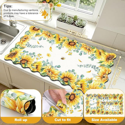 LOKHOM Scalloped Floral Dish Drying Mat, 17"x32" Super Absorbent Coffee Mat with Watercolor Yellow Sunflowers, Cuttable Hide Stain Non-slip Drying Mat for Kitchen Counter Coffee Maker Espresso Machine - Image 2