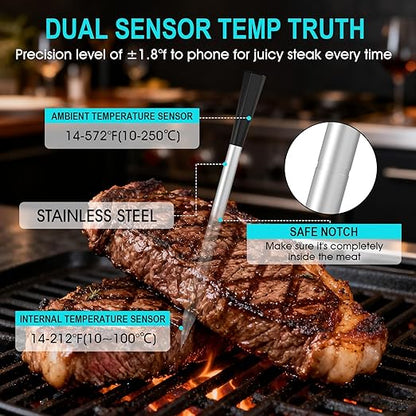 Wireless Meat Thermometer Bluetooth Digital, Smart Meat Thermometer Digital with IP67 Waterproof Probe ±1.8°F Accuracy, Rechargeable Thermometer for Grill, Smoker & BBQ