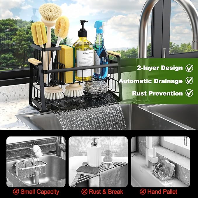 Housolution Sink Caddy Organizer, 2-Tier Sponge Holder for Kitchen Sink with Flexible High Brush Holder, Kitchen Countertop Storage Accessories, Soap Dispenser Organizer, Rustproof