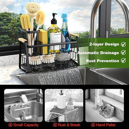Housolution Sink Caddy Organizer, 2-Tier Sponge Holder for Kitchen Sink with Flexible High Brush Holder, Kitchen Countertop Storage Accessories, Soap Dispenser Organizer, Rustproof