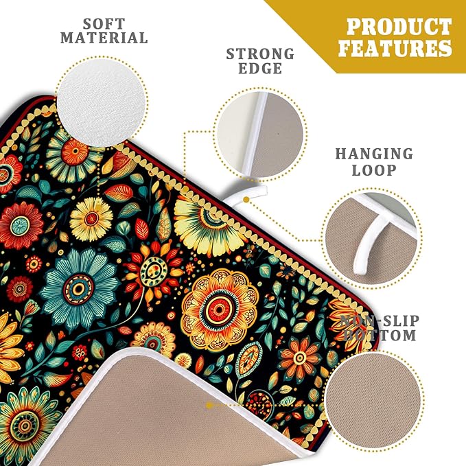 Bohemian Style Flowers Drying Pad Boho Floral Dish Drying Mat for Kitchen Counter Absorbent Microfiber Drainer Rack Mat - Image 4