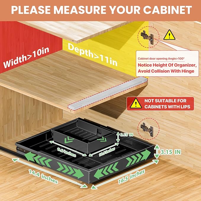 2 Pack Pull out Cabinet Organizer, Width (10"-15") Depth (11"-17"), with 3 Rails Adjustable Slide, Expandable Drawers for Cabinets, No Drill Adhesive Kitchen Drawers for Pantry Shelves black - Image 2