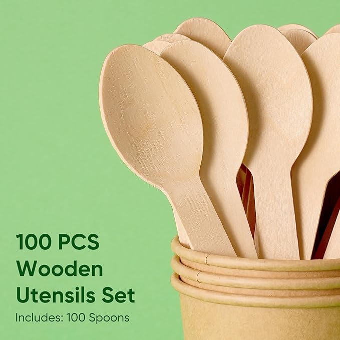Disposable Wooden Utensils Set, Compostable Utensils, Disposable Cutlery Eco-Friendly Silverware Set for Parties, Catering, Office Lunches-100 PCS 6.2" Spoons