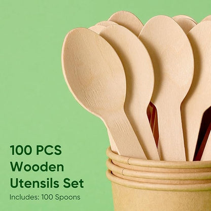 Disposable Wooden Utensils Set, Compostable Utensils, Disposable Cutlery Eco-Friendly Silverware Set for Parties, Catering, Office Lunches-100 PCS 6.2" Spoons