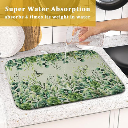 Giwawa Spring Summer Leaf Dish Drying Mat for Countertop, 16"x18" Eucalyptus Leaves Butterfly Dish Drainer Mats, Sage Green Fast Dry Microfiber Large Dish Drying Pad Decoration