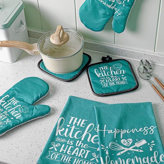 Sratte 6 Pcs Kitchen Decor Accessories Set Farmhouse Towels Pot Holders Oven Mitts Set 2 Dish Towels 2 Potholders 2 Cooking Mittens Oven Glove for Christmas Baking Cooking Supply(Teal,Kitchen) - Image 7