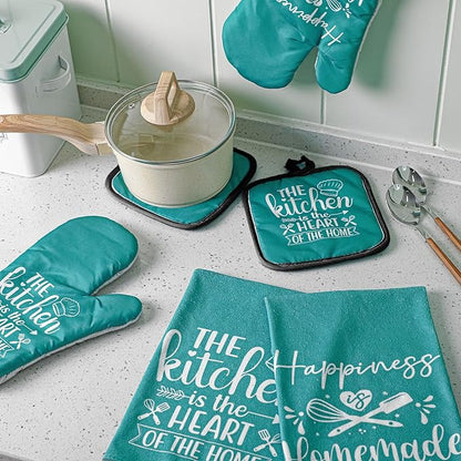 Sratte 6 Pcs Kitchen Decor Accessories Set Farmhouse Towels Pot Holders Oven Mitts Set 2 Dish Towels 2 Potholders 2 Cooking Mittens Oven Glove for Christmas Baking Cooking Supply(Teal,Kitchen) - Image 7