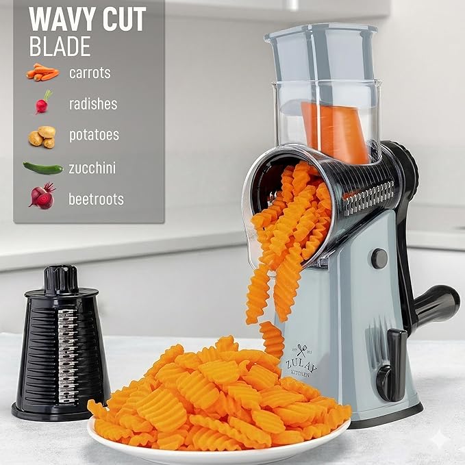 Zulay Kitchen Rotary Cheese Grater 5 Blade Cheese Shredder - Manual Hand Crank Cheese Grater With Reinforced Suction & 5 Interchangeable Drums - Easy to Use, Vegetable Chopper Round Mandoline Slicer - Image 4