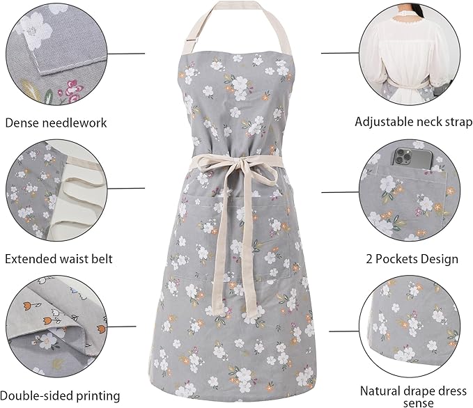Aoomzoon Kitchen Aprons for Women with 2 Pockets,Double Sided Vintage Adjustable Apron for Gardening Cooking Arting Painting - Image 5