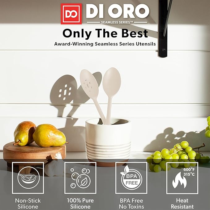 DI ORO Silicone Spoons for Cooking - Large Kitchen Spoons for Mixing, Serving, & Stirring - 600°F Heat-Resistant Non Stick Utensils – Big Solid & Slotted Basting Spoons - Dishwasher Safe (2pc, Clay) - Image 2