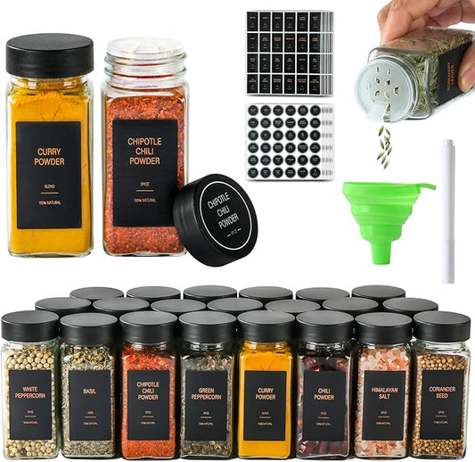 Spice Jars with Label，4oz Glass Spice Bottles With Shaker Lids，Seasoning Containers with Funnel, Chalk Pen for Cabinet，Drawer，Rack (Black, 36) by Unknown
